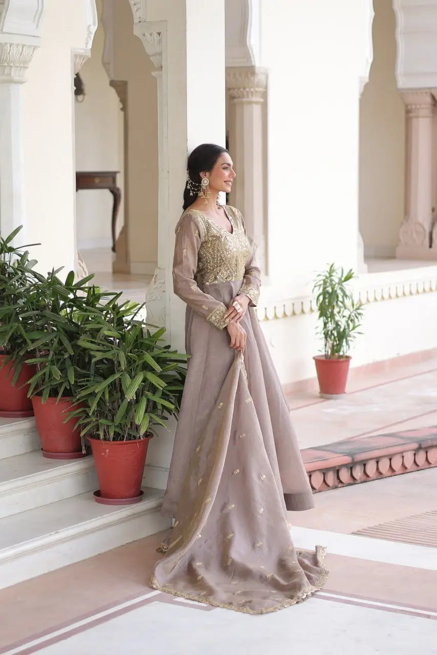 Golden Elegance Embroidered Anarkali Gown with Dupatta for Festive and Wedding Wear