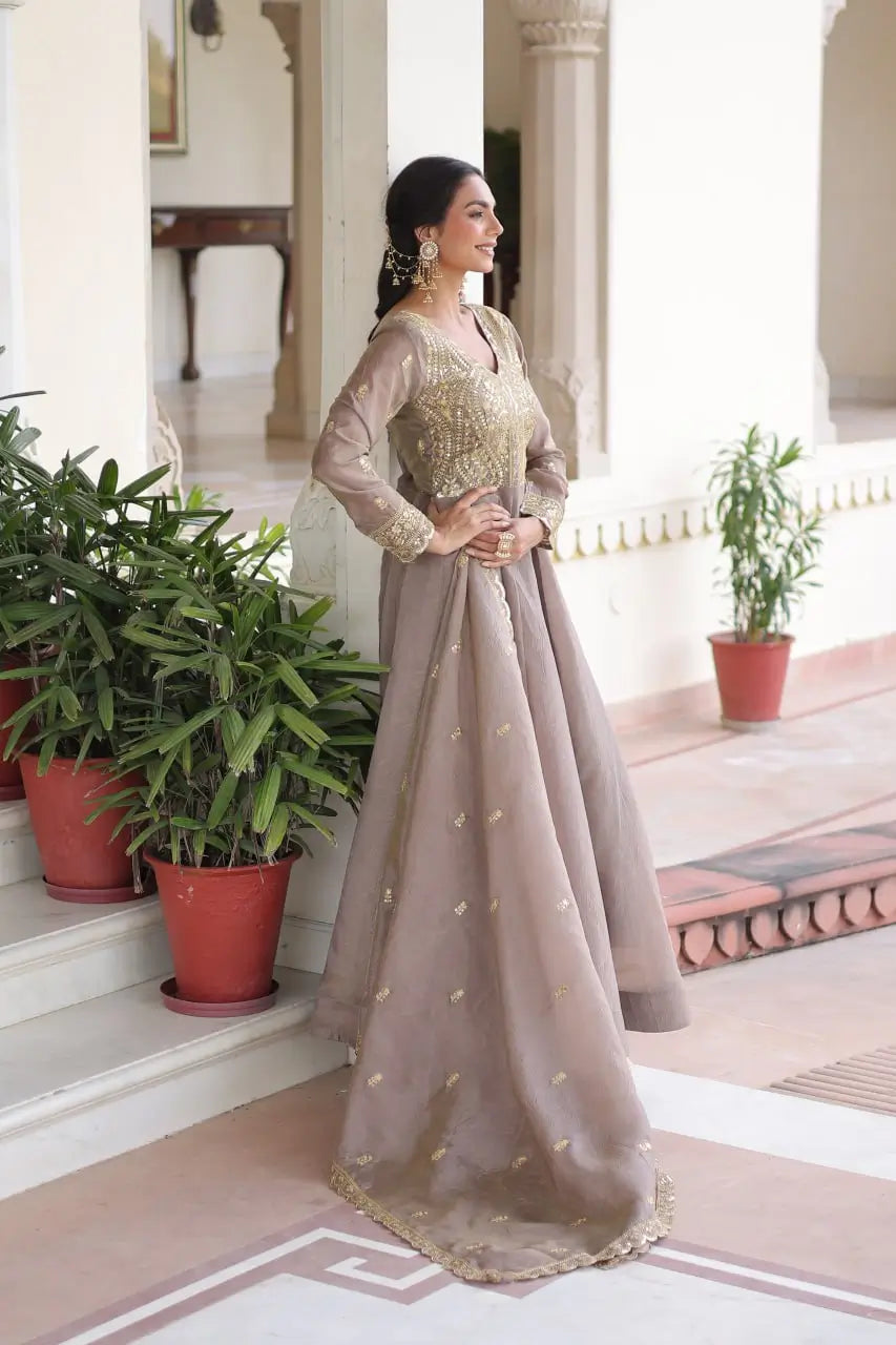 Golden Elegance Embroidered Anarkali Gown with Dupatta for Festive and Wedding Wear