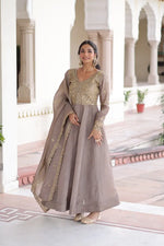Golden Elegance Embroidered Anarkali Gown with Dupatta for Festive and Wedding Wear