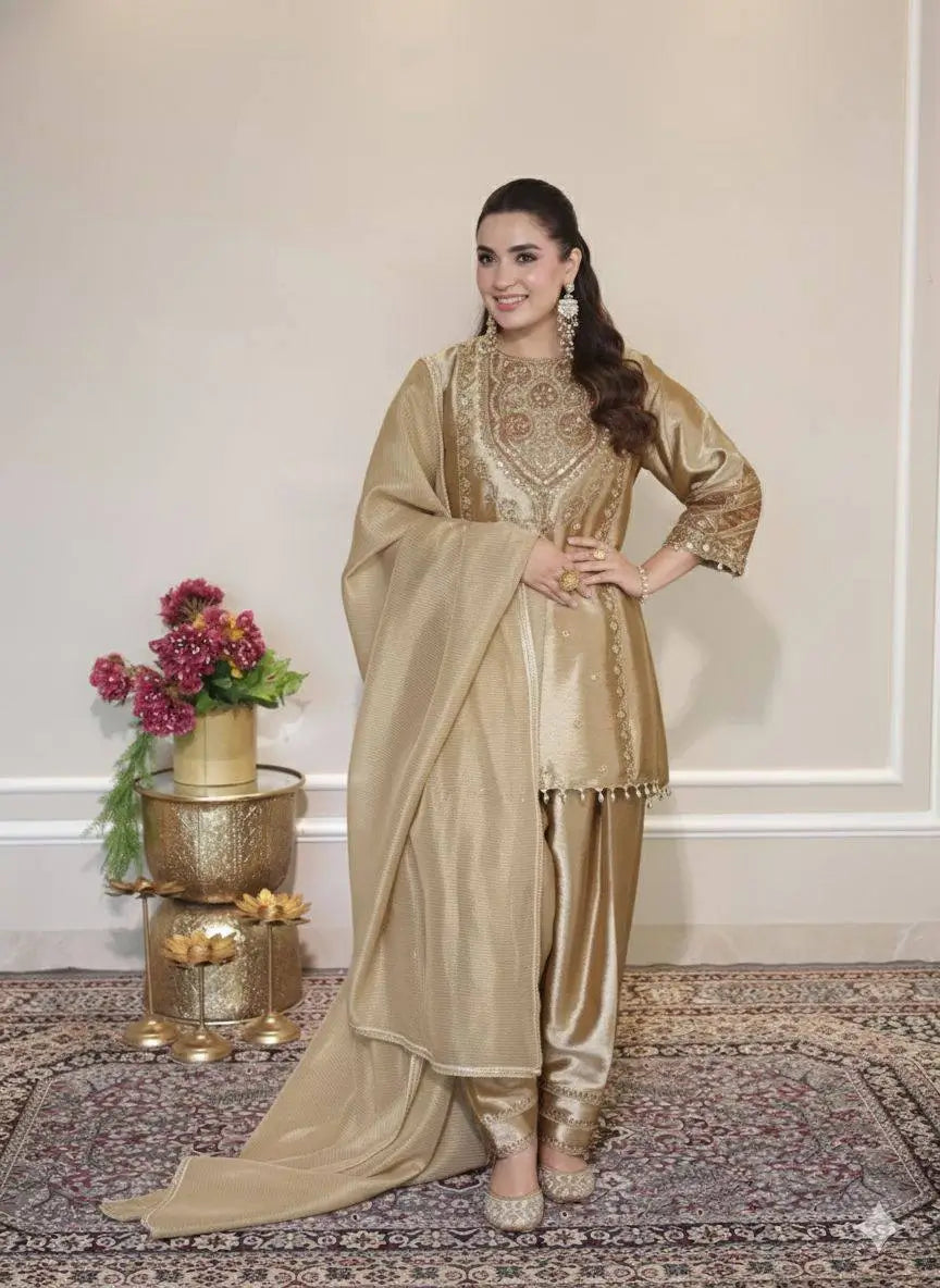 Golden Fendy Silk Embroidered Salwar Suit Set