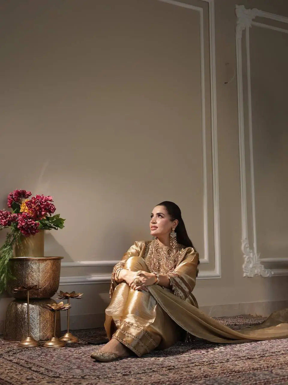Golden Fendy Silk Embroidered Salwar Suit Set