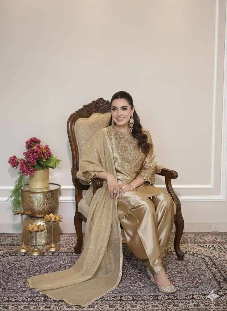 Golden Fendy Silk Embroidered Salwar Suit Set