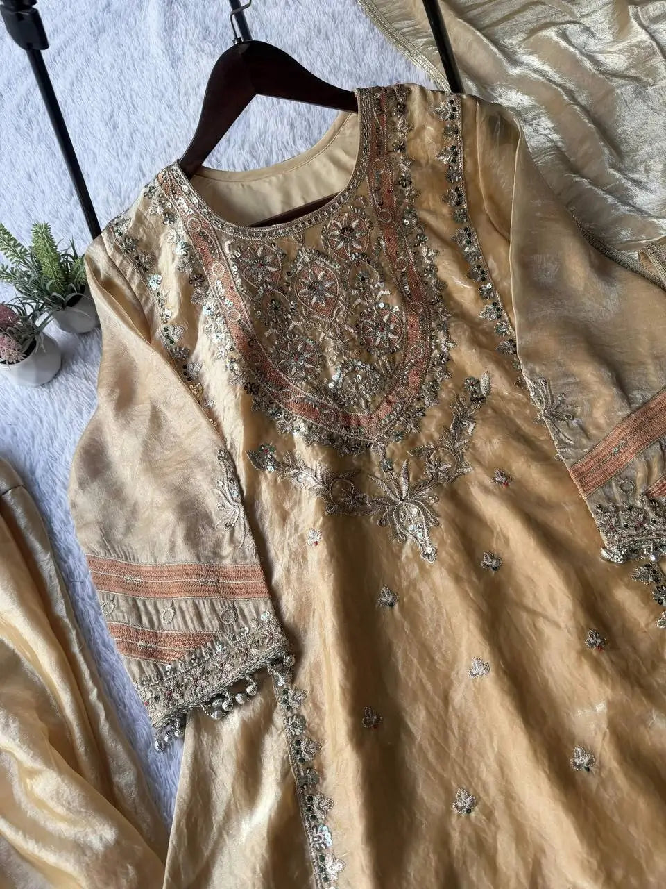 Golden Fendy Silk Embroidered Salwar Suit Set