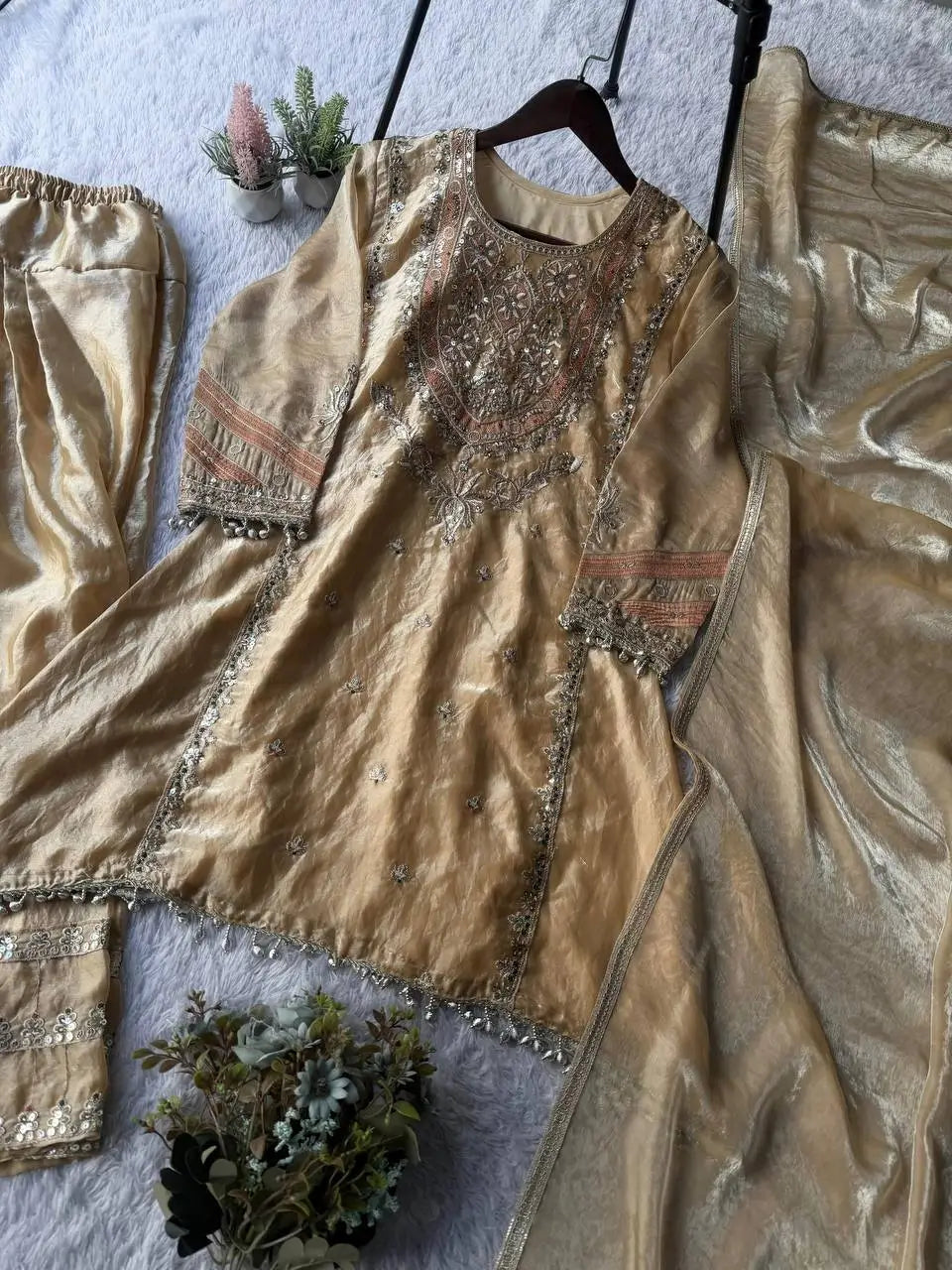 Golden Fendy Silk Embroidered Salwar Suit Set