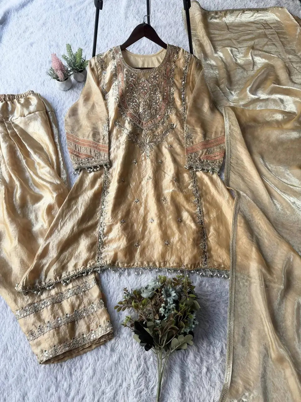 Golden Fendy Silk Embroidered Salwar Suit Set