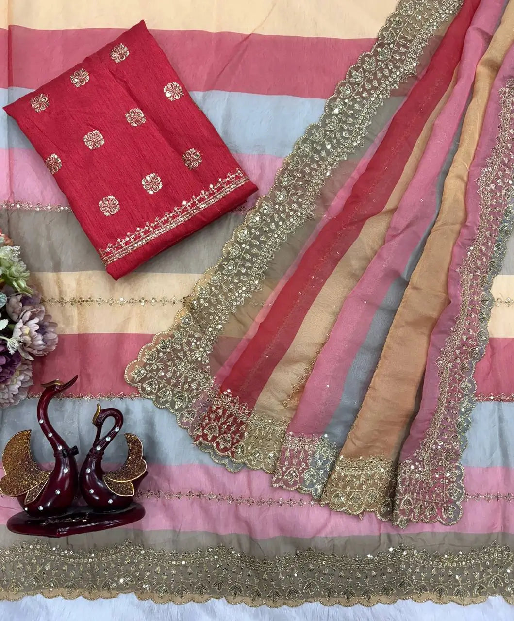 Goldy Silk Printed Saree with Zari & Sequins Embroidery