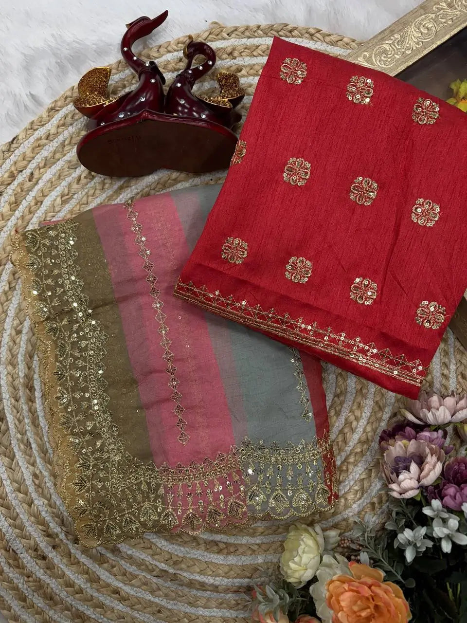 Goldy Silk Printed Saree with Zari & Sequins Embroidery