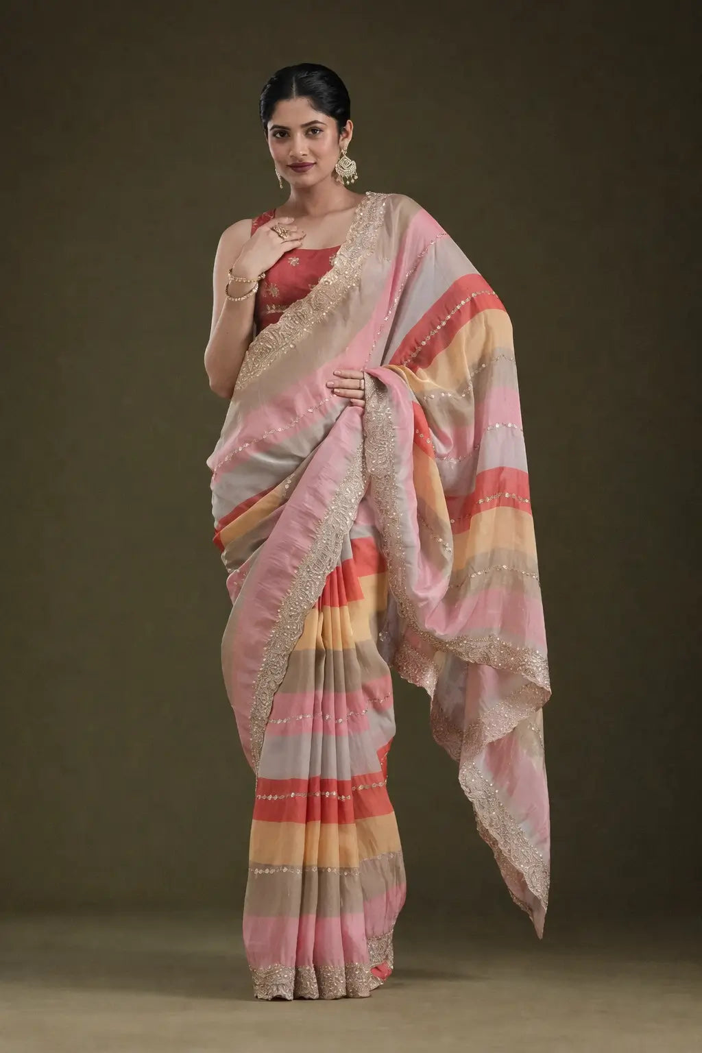 Goldy Silk Printed Saree with Zari & Sequins Embroidery