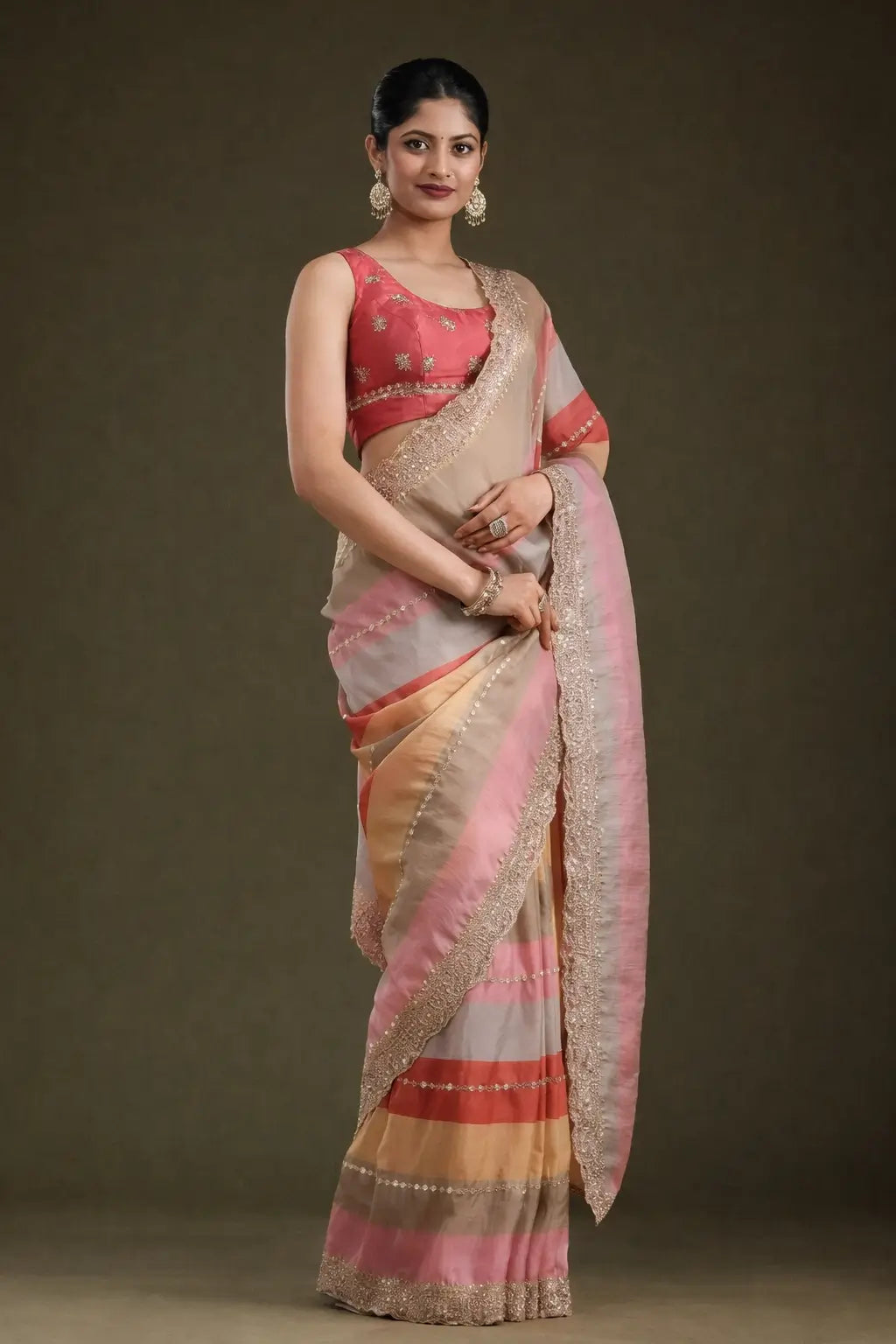 Goldy Silk Printed Saree with Zari & Sequins Embroidery