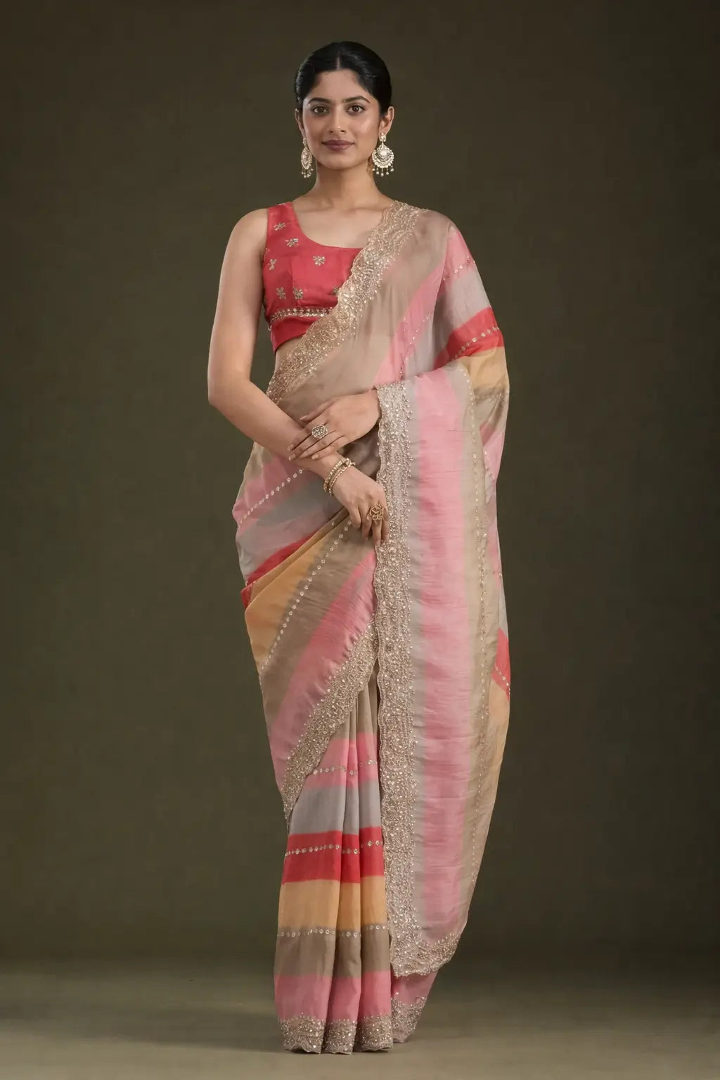 Goldy Silk Printed Saree with Zari & Sequins Embroidery