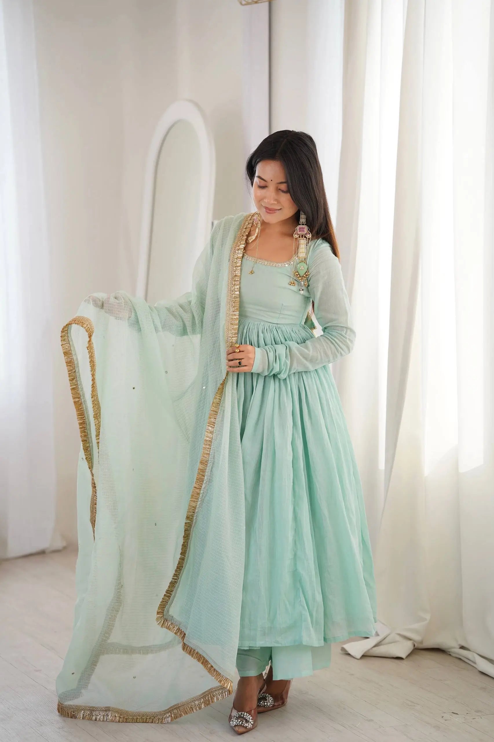 Graceful Faux Fabric Anarkali Suit Set with Dupatta for Festive and Occasion Wear
