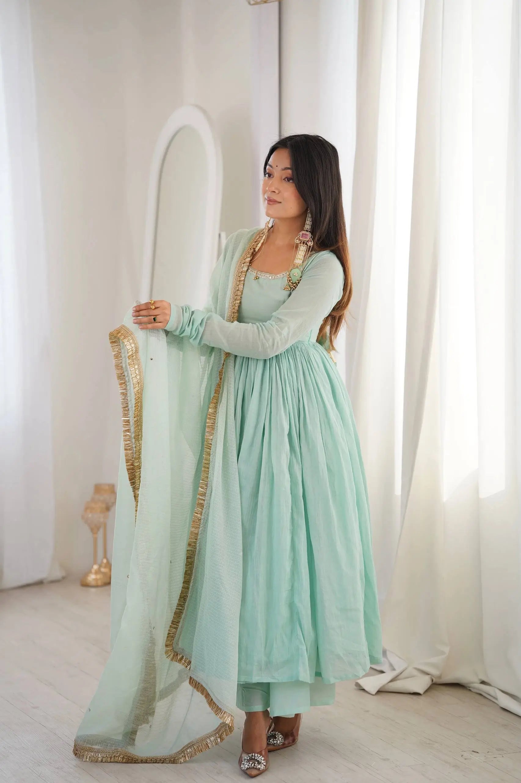 Graceful Faux Fabric Anarkali Suit Set with Dupatta for Festive and Occasion Wear