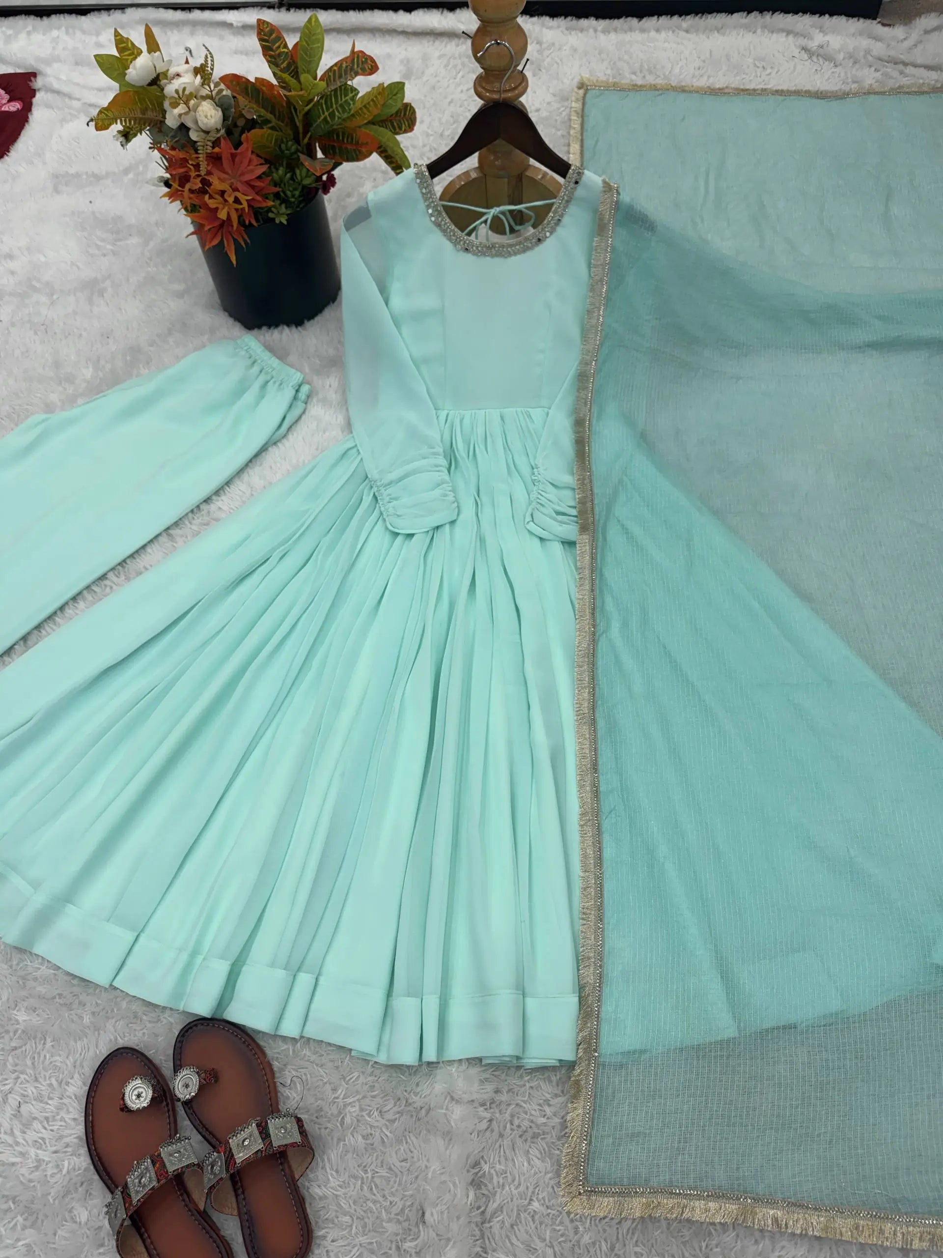 Graceful Faux Fabric Anarkali Suit Set with Dupatta for Festive and Occasion Wear
