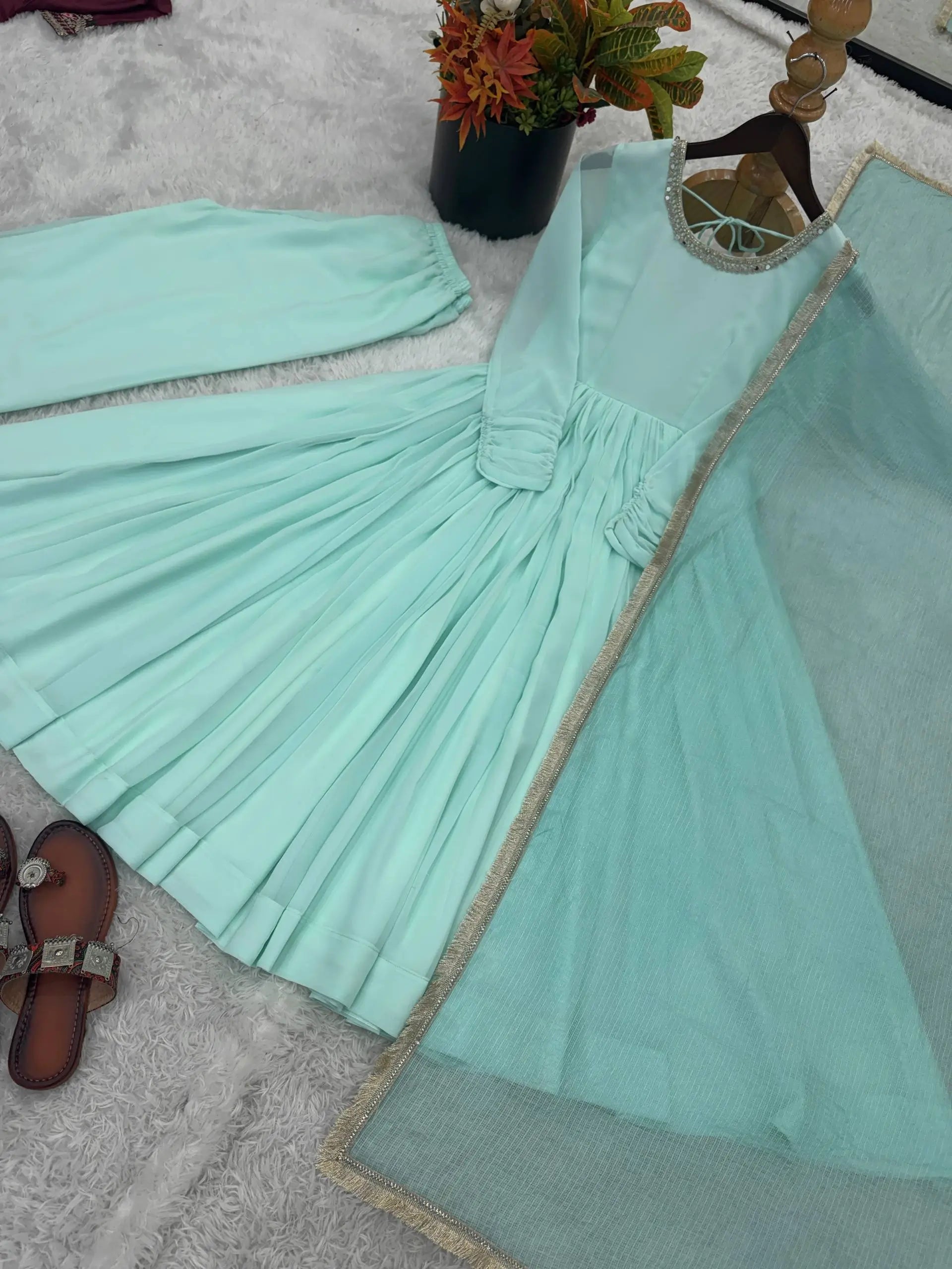 Graceful Faux Fabric Anarkali Suit Set with Dupatta for Festive and Occasion Wear