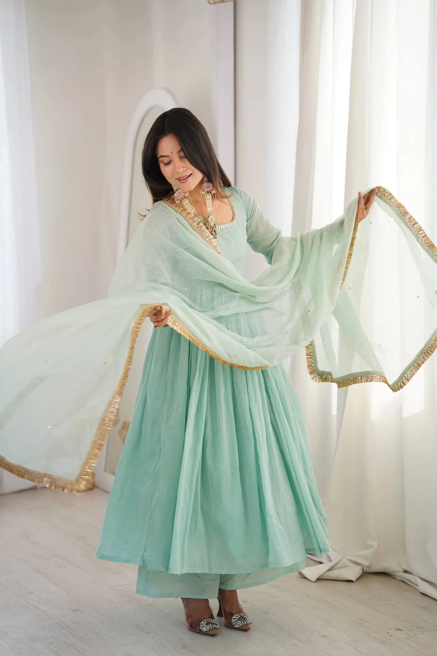 Graceful Faux Fabric Anarkali Suit Set with Dupatta for Festive and Occasion Wear