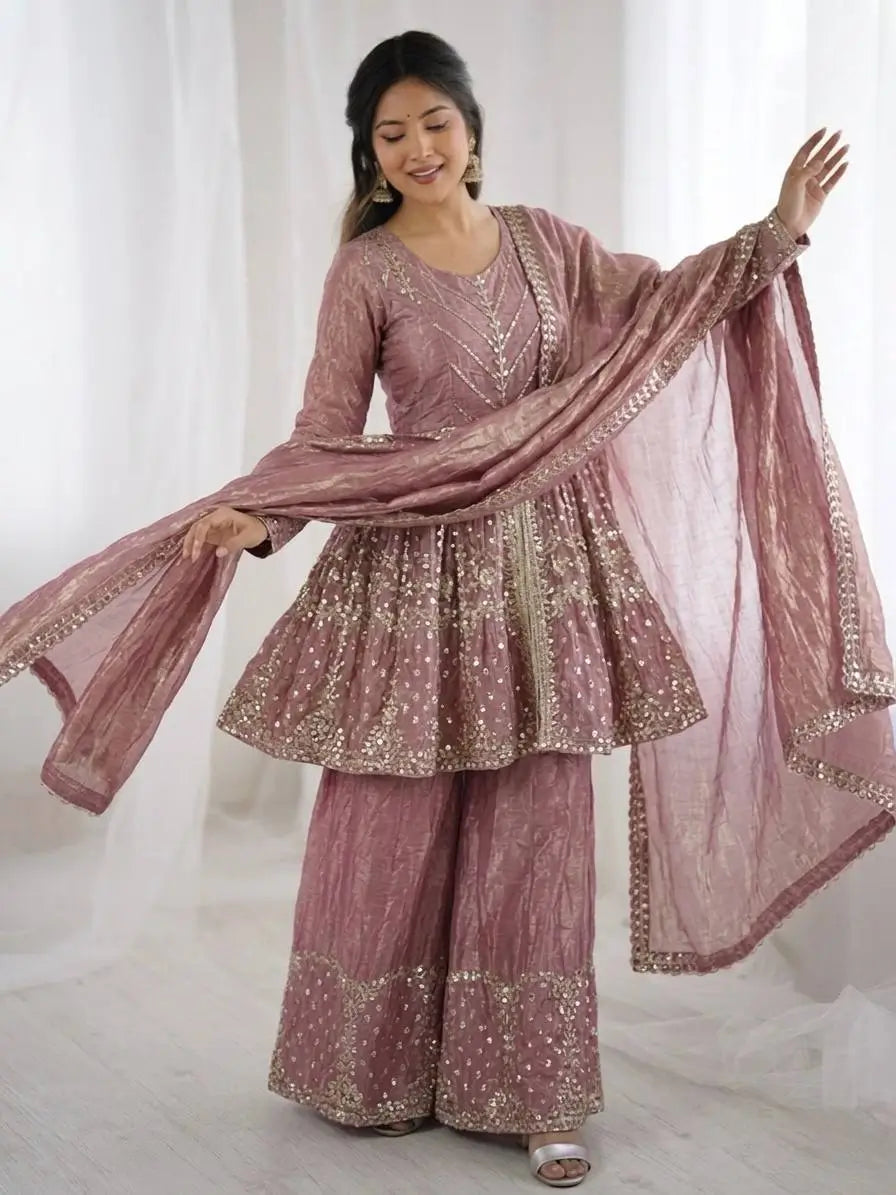 Graceful Fendy Silk Peplum Sharara Set for Festive and Wedding Wear
