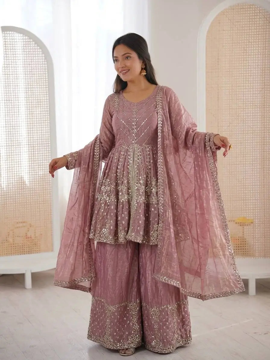 Graceful Fendy Silk Peplum Sharara Set for Festive and Wedding Wear