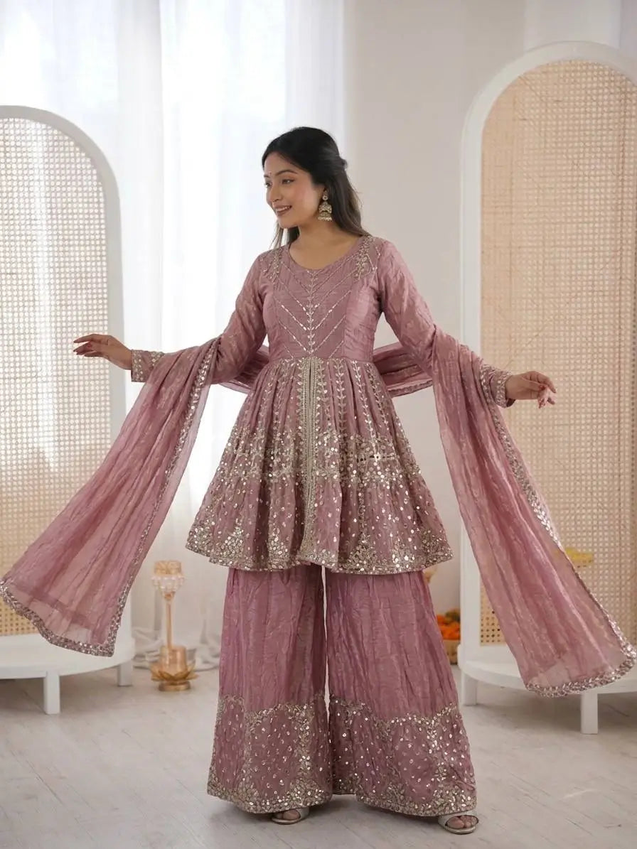 Graceful Fendy Silk Peplum Sharara Set for Festive and Wedding Wear