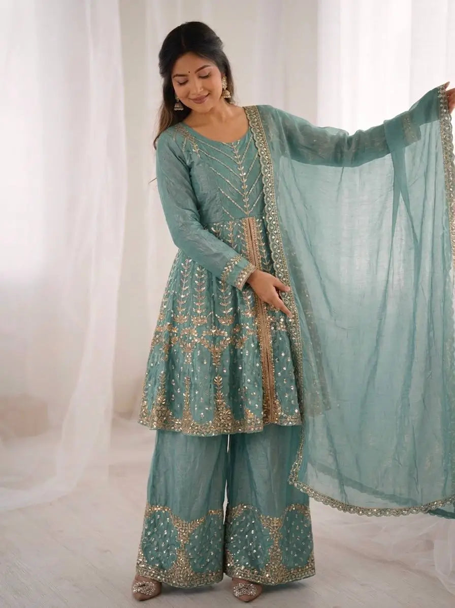 Graceful Fendy Silk Peplum Sharara Set for Festive and Wedding Wear