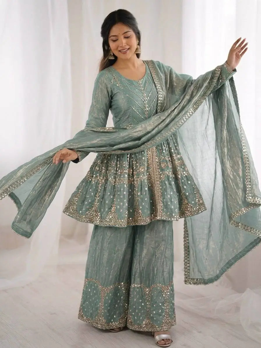 Graceful Fendy Silk Peplum Sharara Set for Festive and Wedding Wear