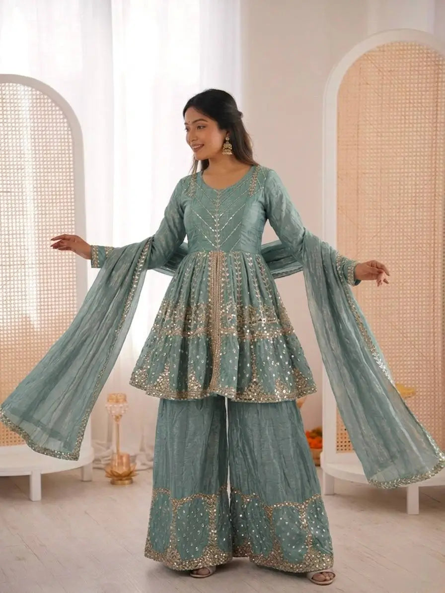 Graceful Fendy Silk Peplum Sharara Set for Festive and Wedding Wear