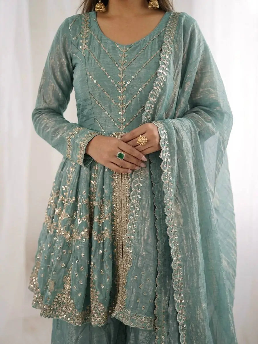 Graceful Fendy Silk Peplum Sharara Set for Festive and Wedding Wear