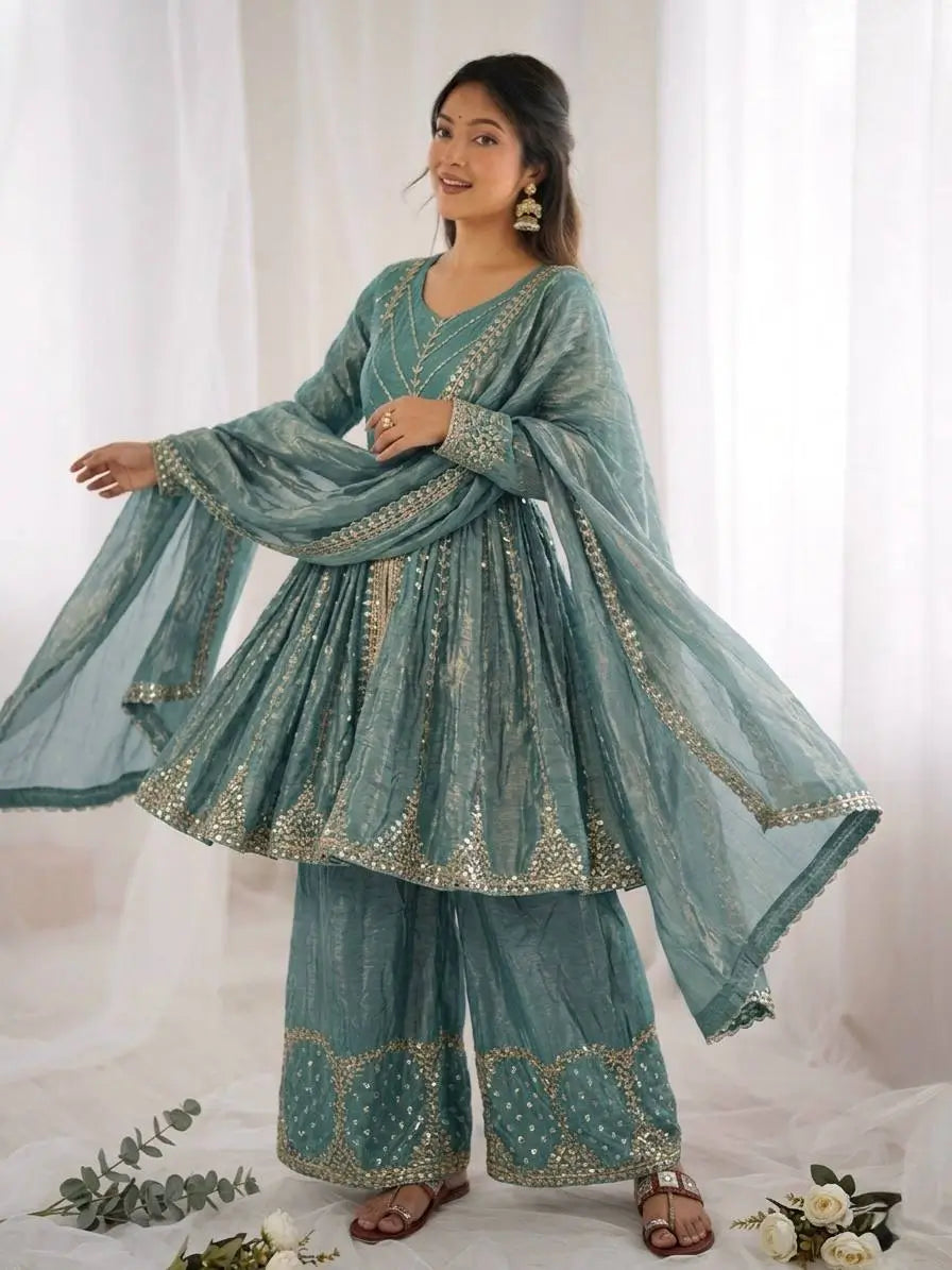 Graceful Fendy Silk Peplum Sharara Set for Festive and Wedding Wear