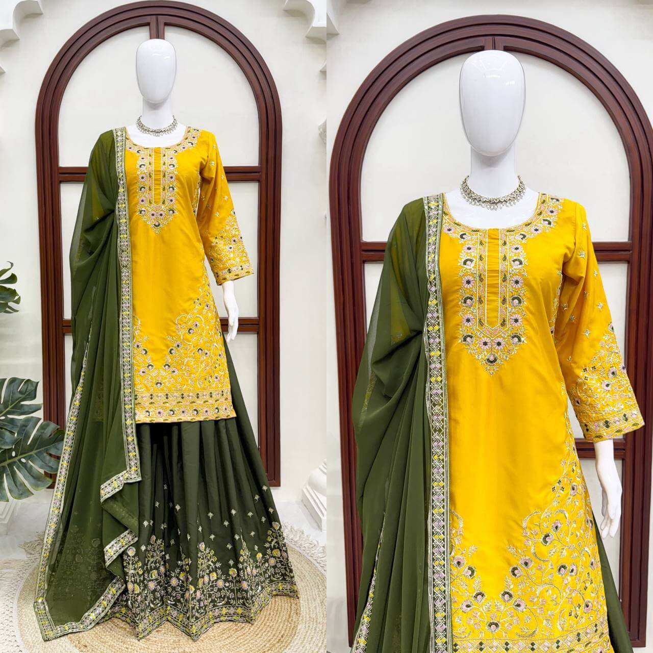 Green Yellow Crepe Kurta Palazzo Set