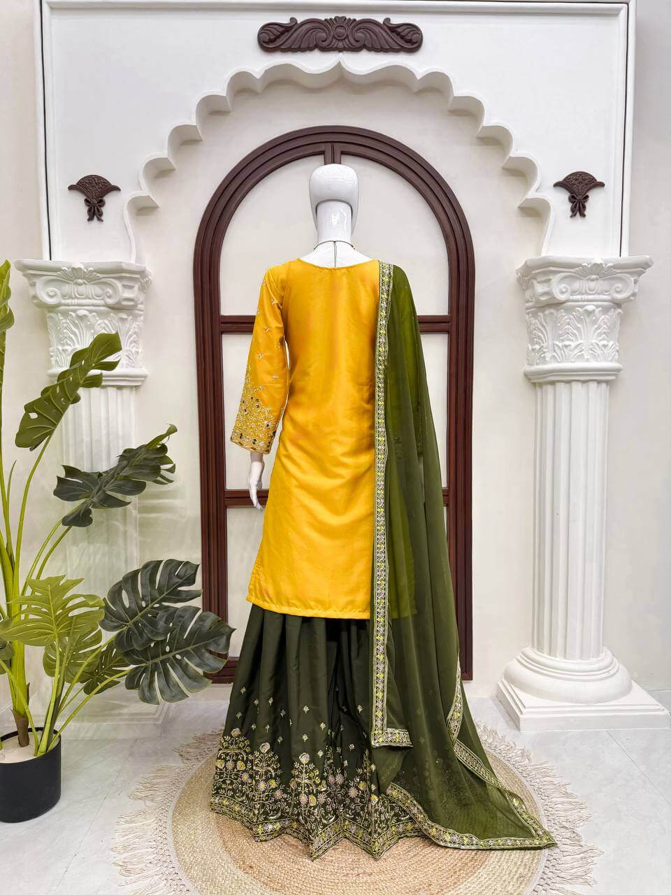 Green Yellow Crepe Kurta Palazzo Set