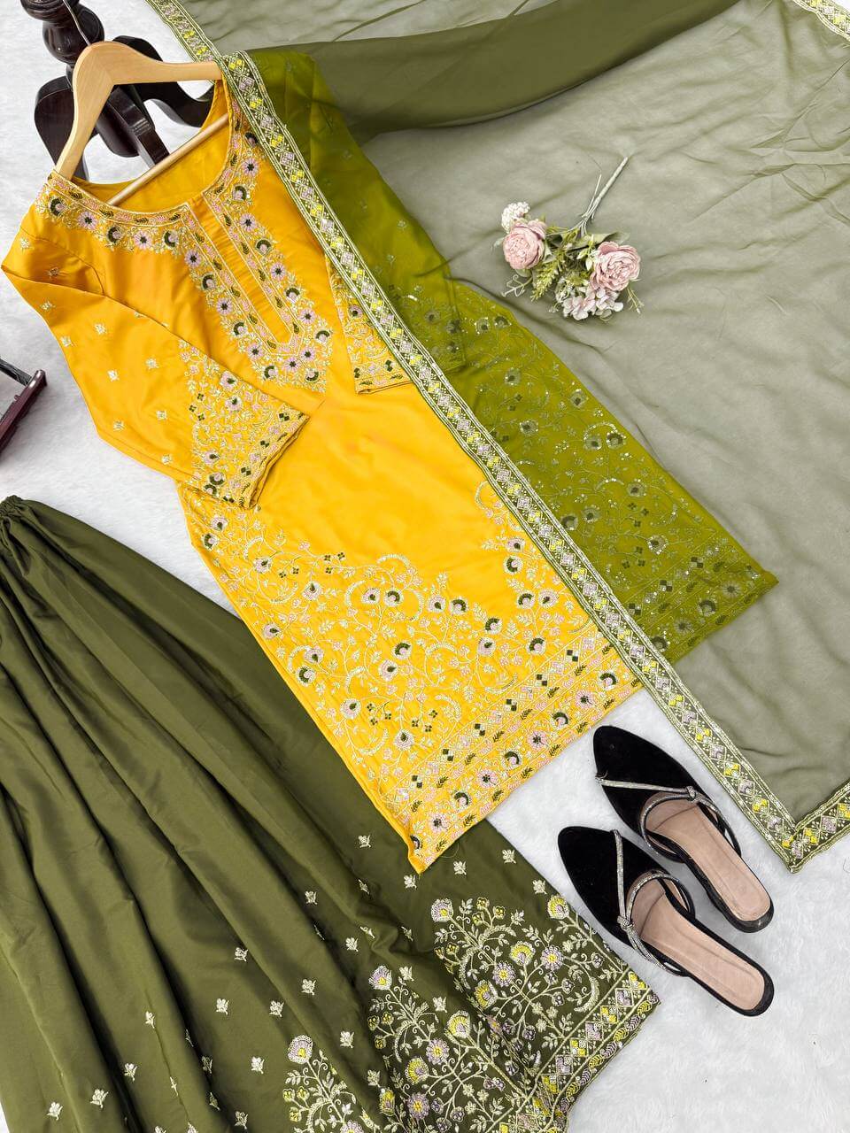 Green Yellow Crepe Kurta Palazzo Set