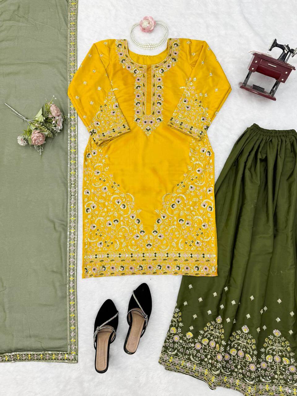 Green Yellow Crepe Kurta Palazzo Set