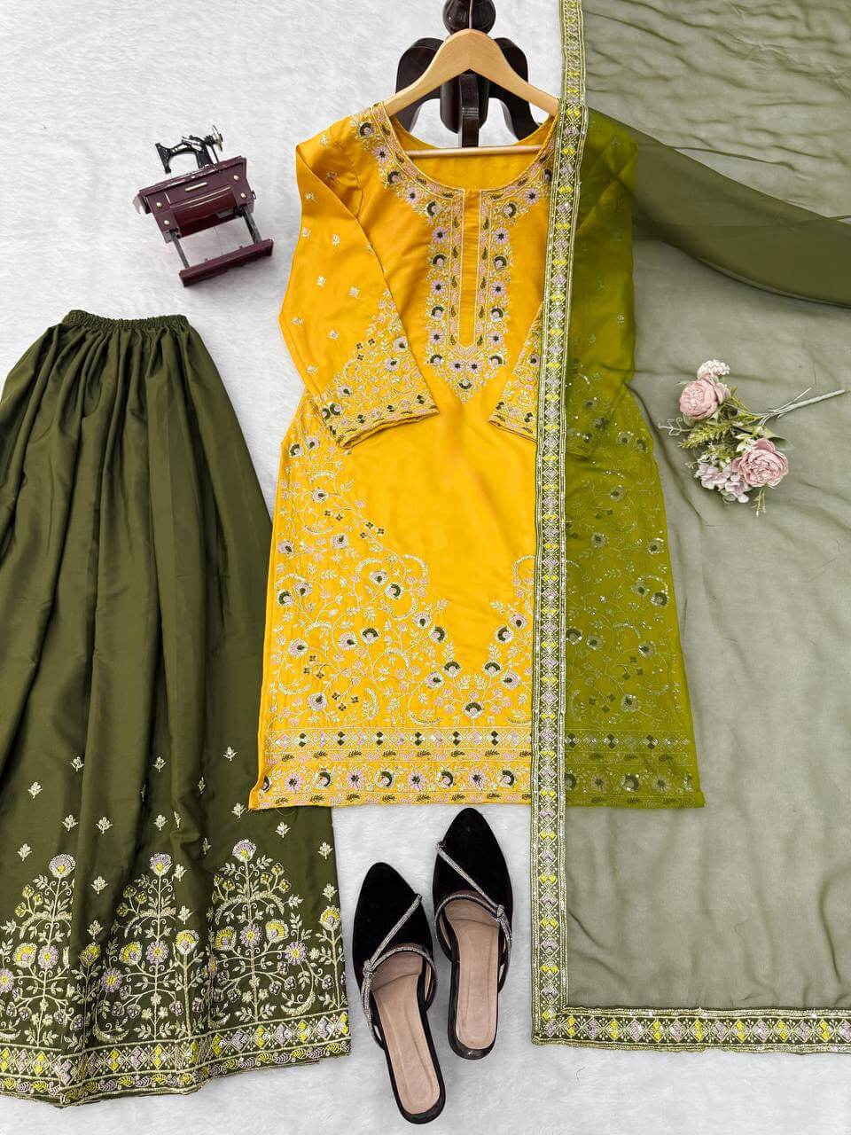 Green Yellow Crepe Kurta Palazzo Set