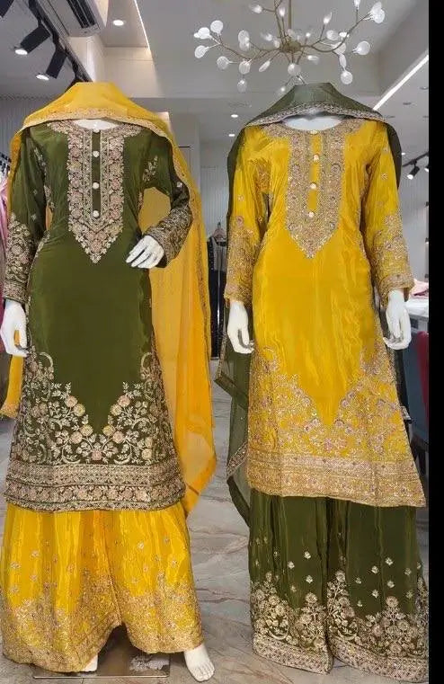 Green Yellow Crepe Kurta Palazzo Set