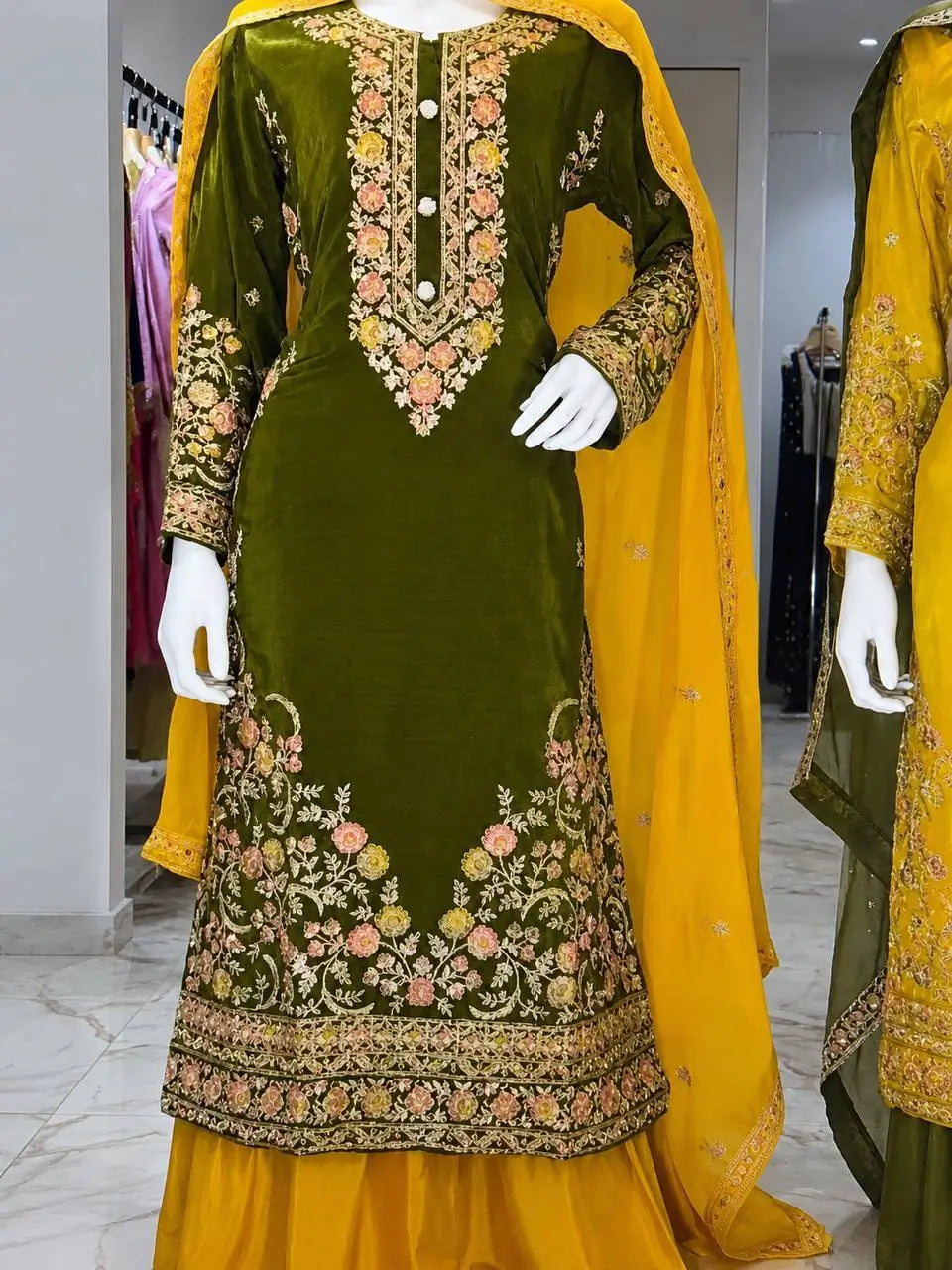 Green Yellow Crepe Kurta Palazzo Set