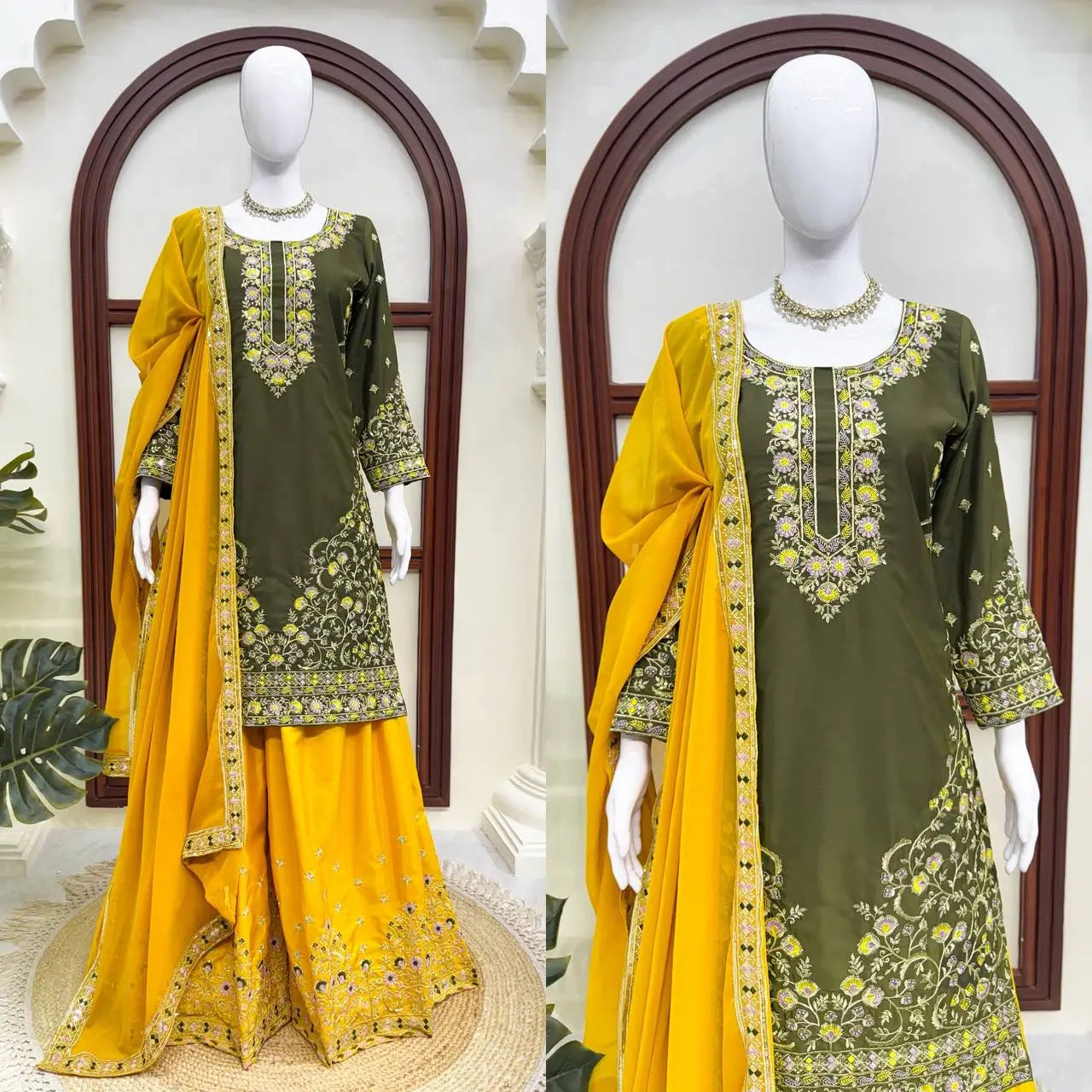 Green Yellow Crepe Kurta Palazzo Set