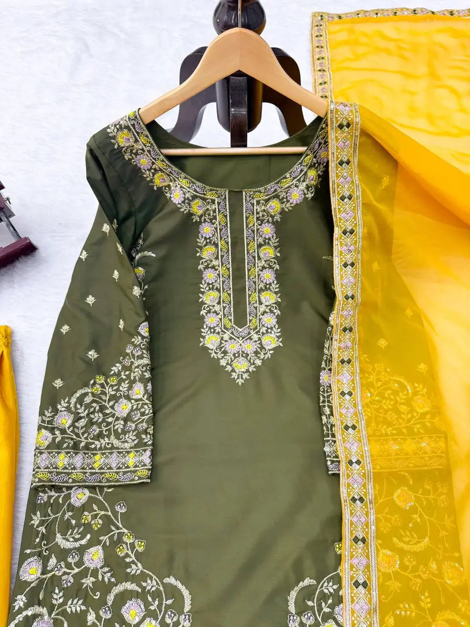 Green Yellow Crepe Kurta Palazzo Set