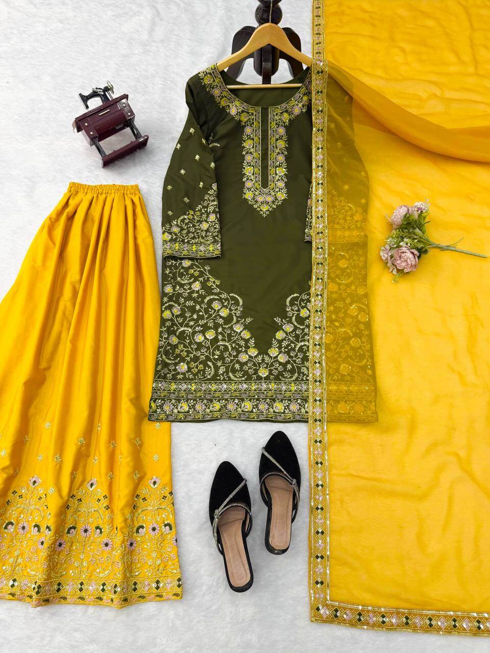 Green Yellow Crepe Kurta Palazzo Set