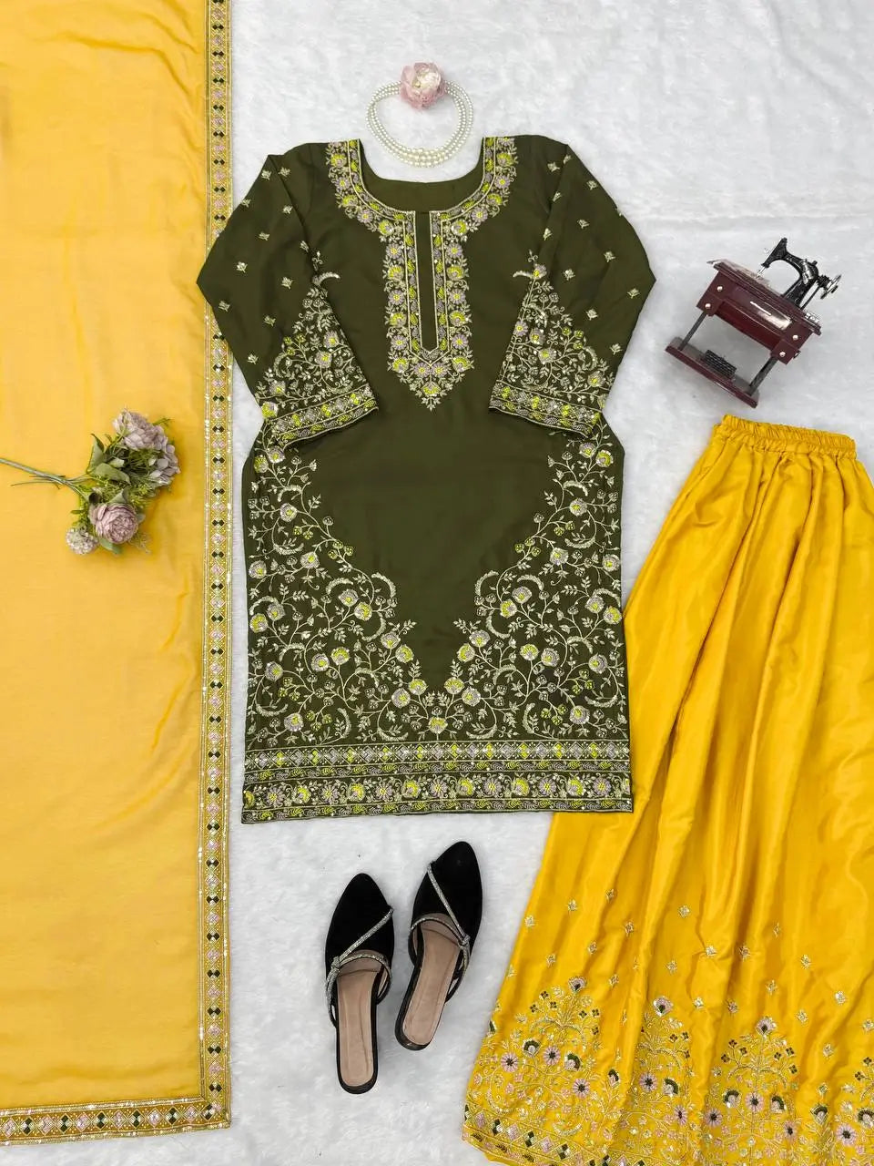 Green Yellow Crepe Kurta Palazzo Set