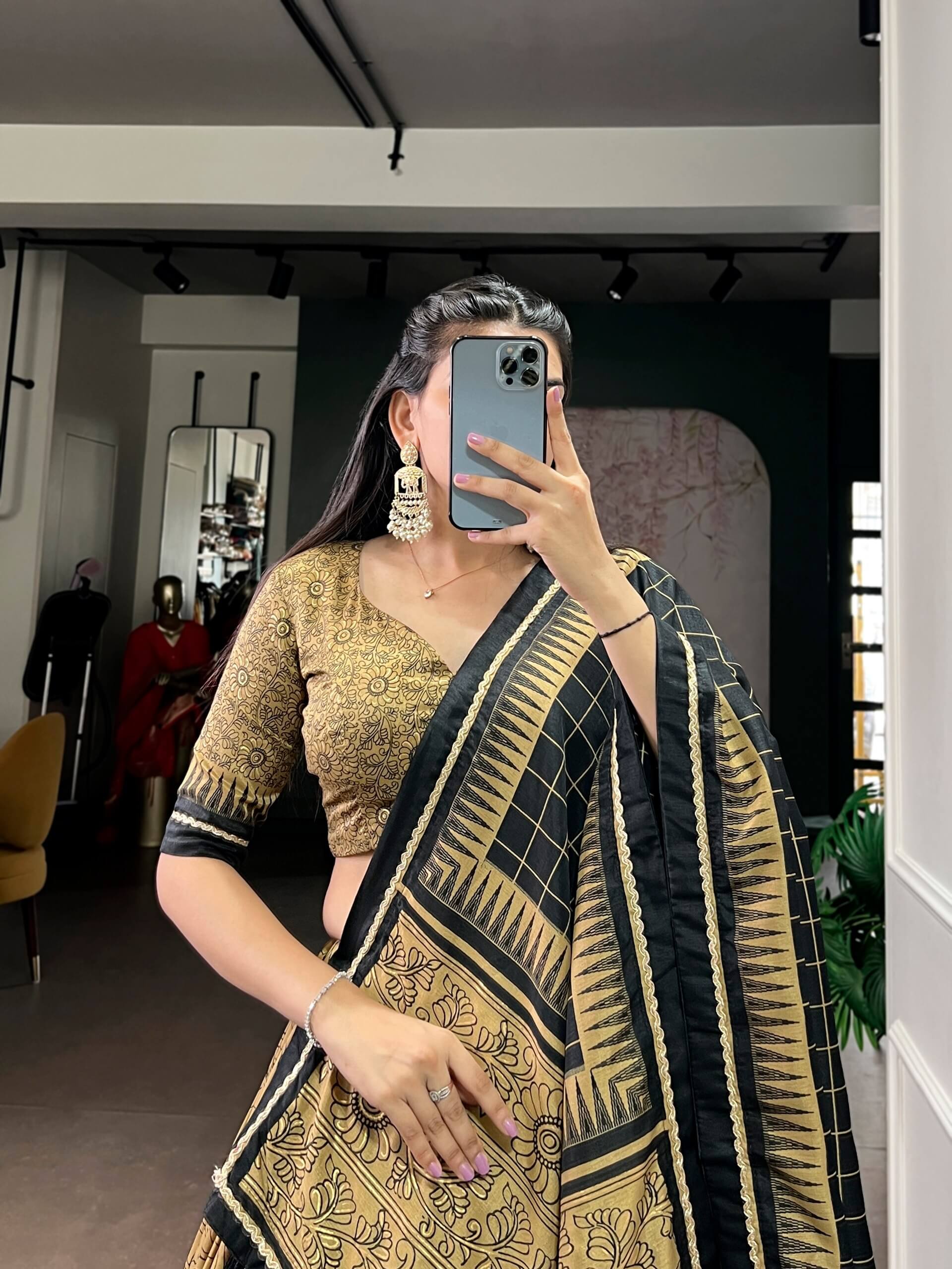 Grey Black Tussar Silk Kalamkari Lehenga Set for Wedding and Festive Wear