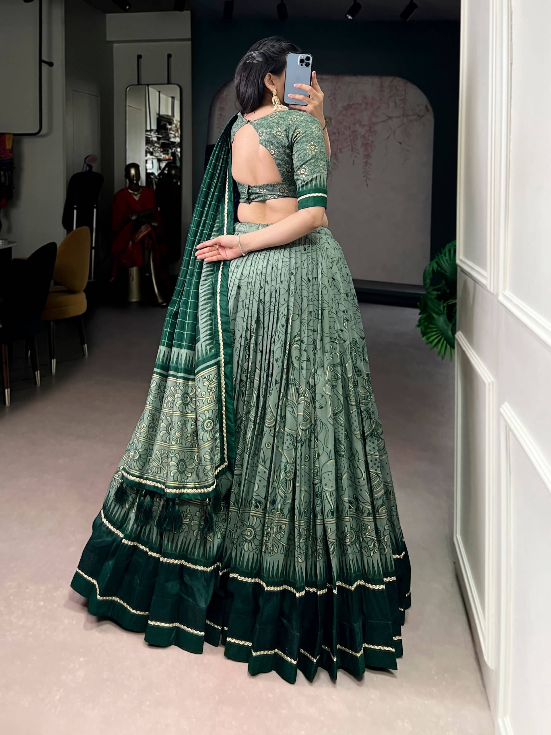 Grey Black Tussar Silk Kalamkari Lehenga Set for Wedding and Festive Wear