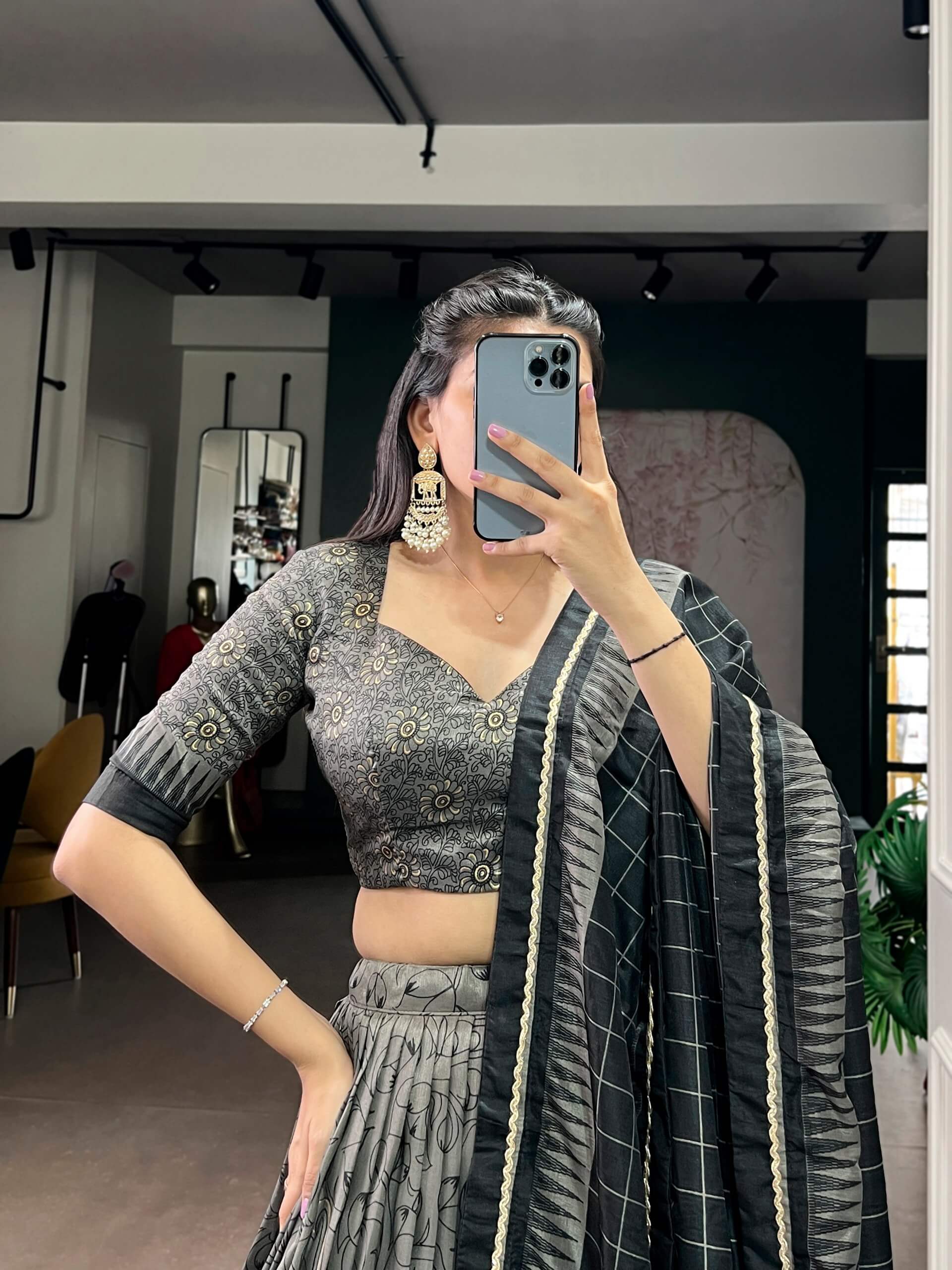 Grey Black Tussar Silk Kalamkari Lehenga Set for Wedding and Festive Wear