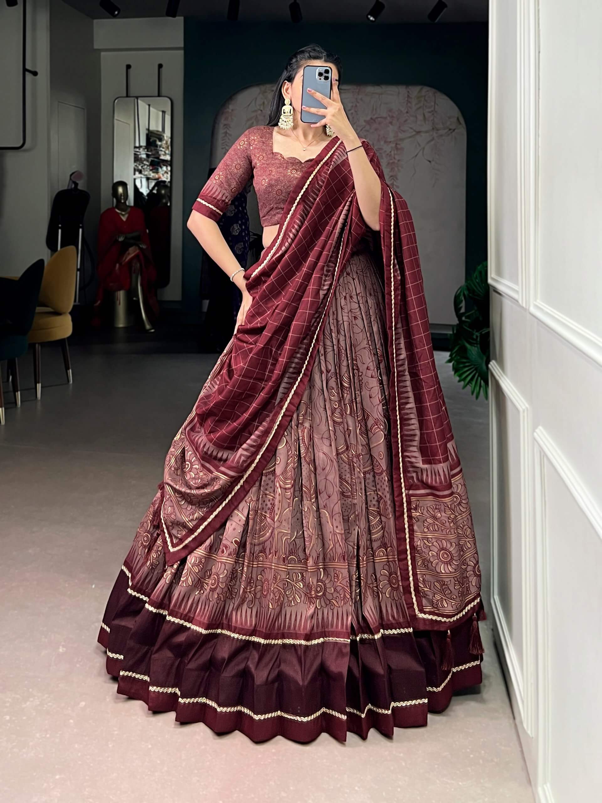 Grey Black Tussar Silk Kalamkari Lehenga Set for Wedding and Festive Wear
