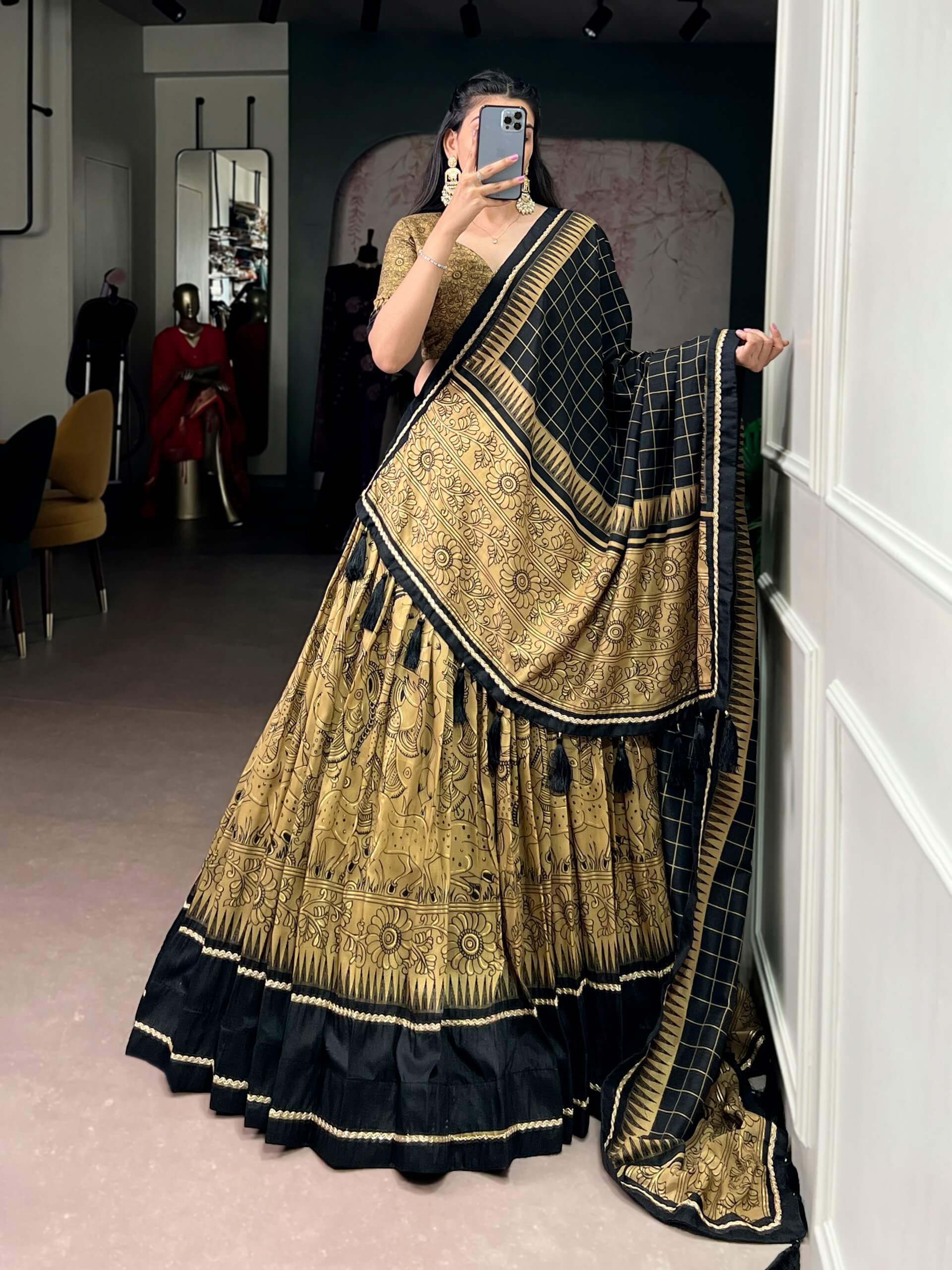 Grey Black Tussar Silk Kalamkari Lehenga Set for Wedding and Festive Wear