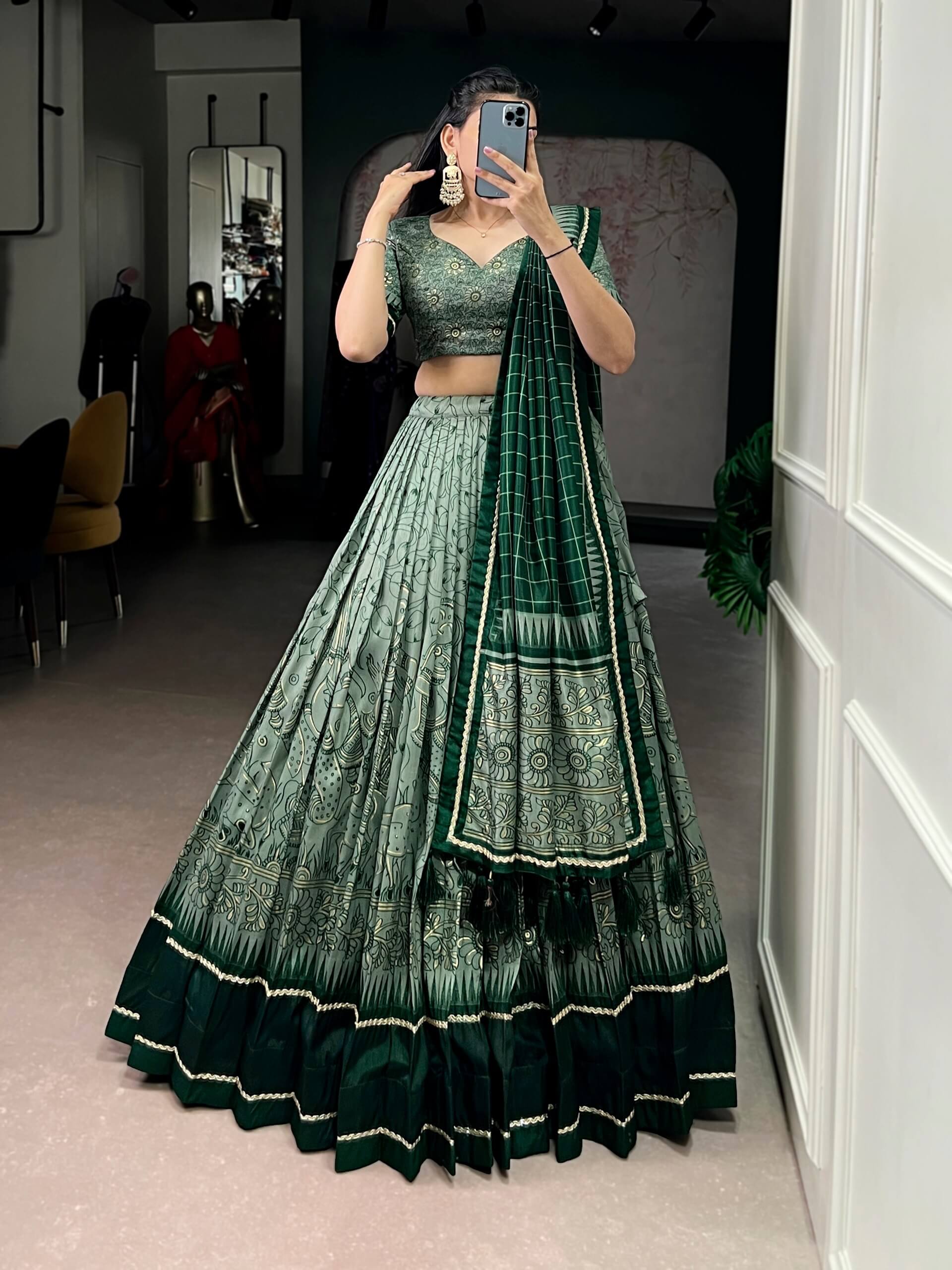 Grey Black Tussar Silk Kalamkari Lehenga Set for Wedding and Festive Wear