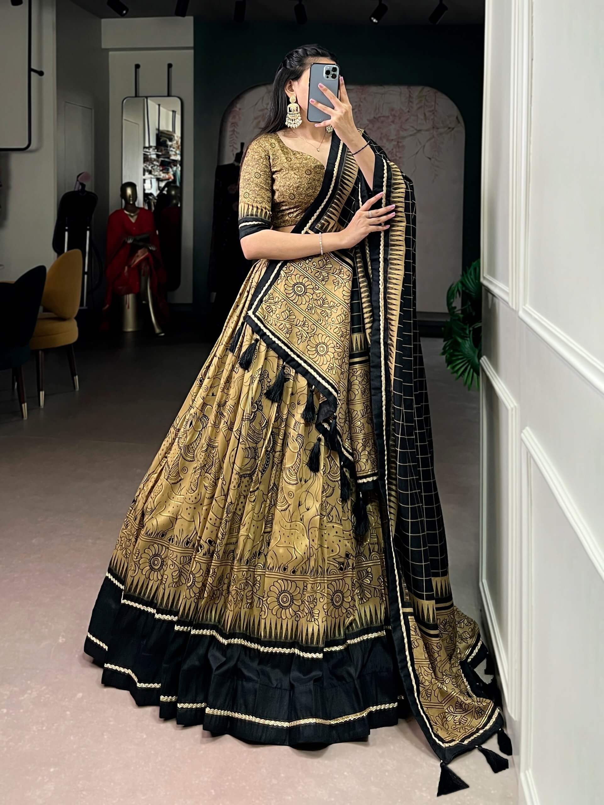 Grey Black Tussar Silk Kalamkari Lehenga Set for Wedding and Festive Wear