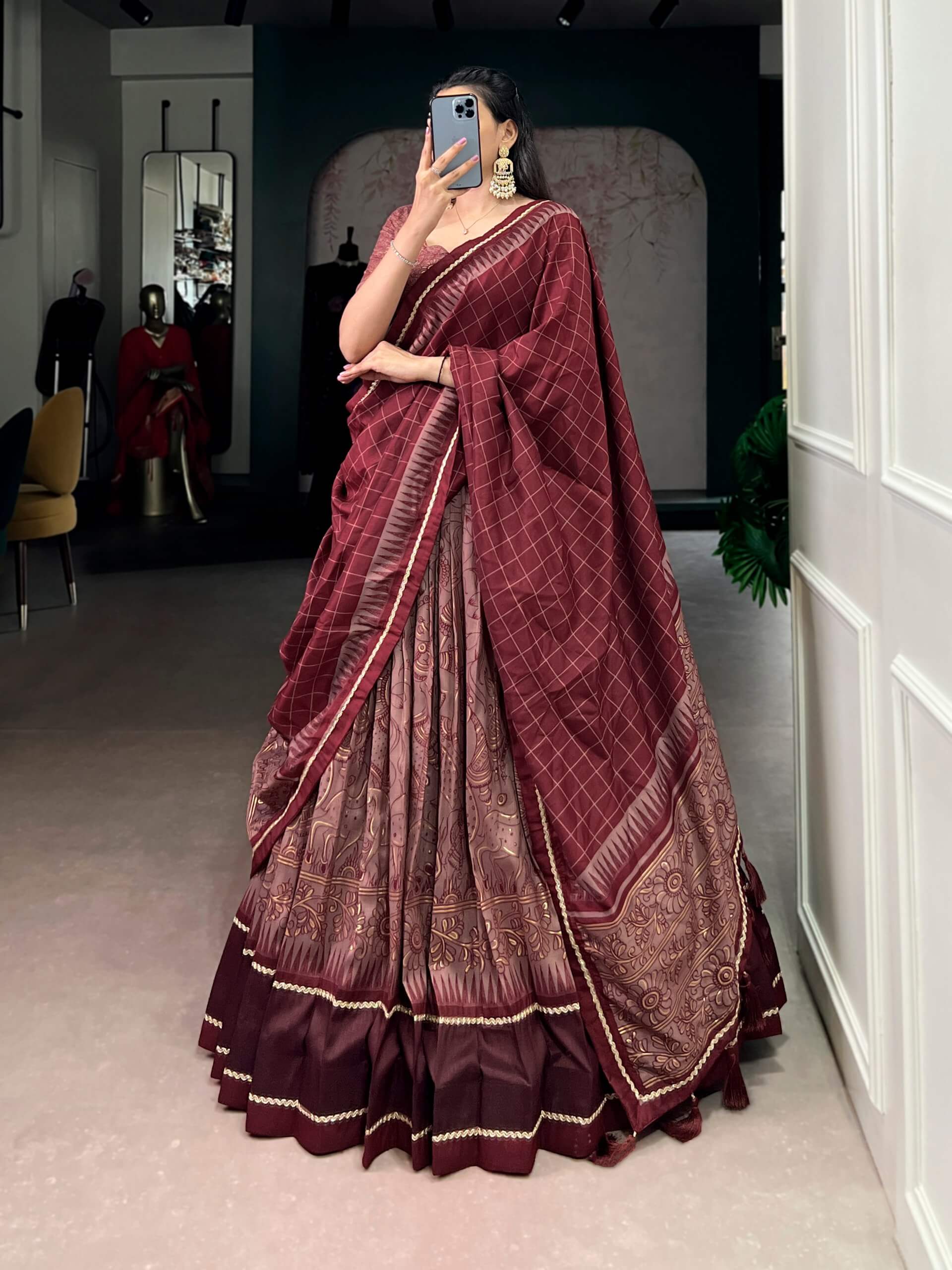 Grey Black Tussar Silk Kalamkari Lehenga Set for Wedding and Festive Wear