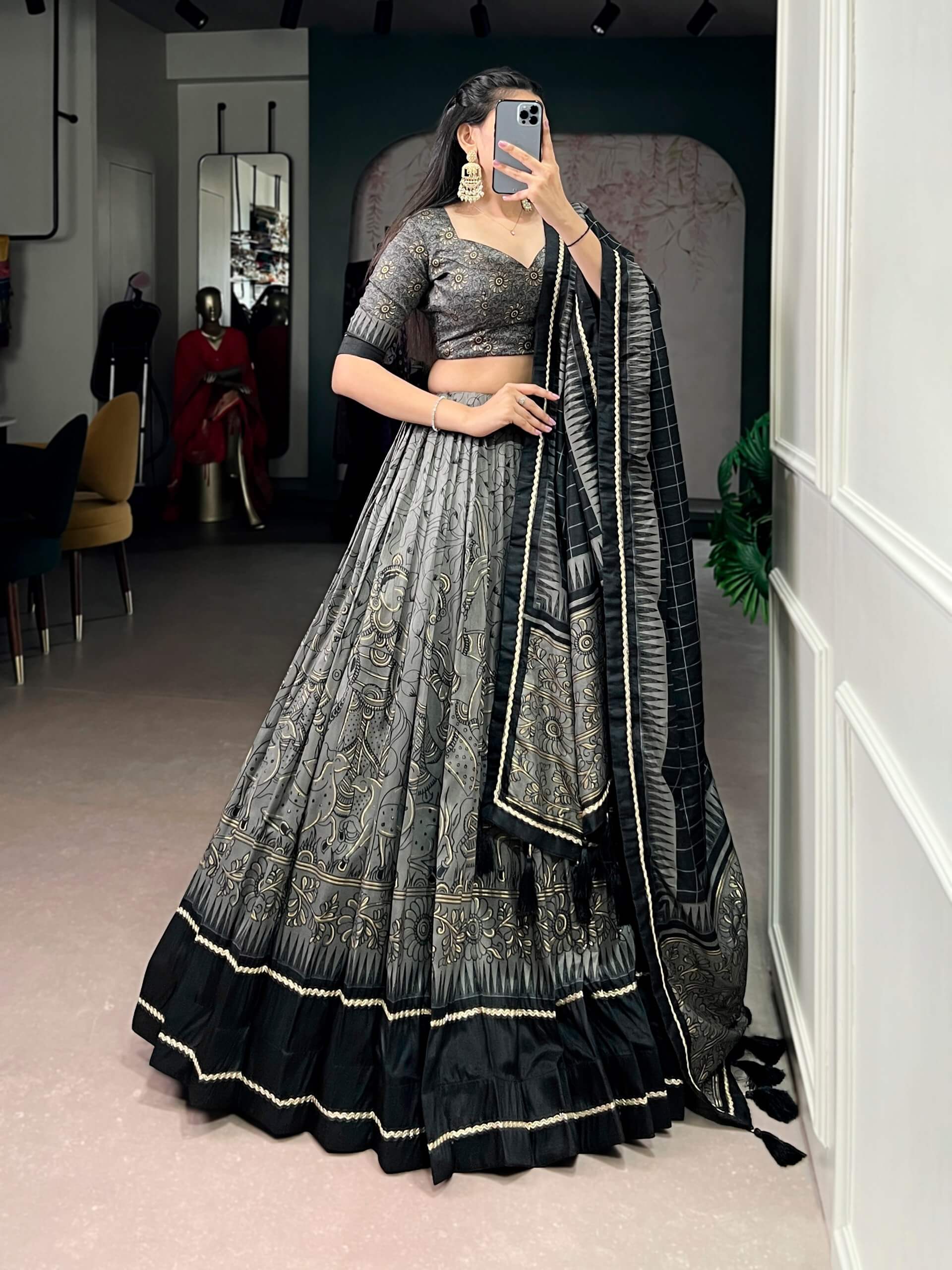 Grey Black Tussar Silk Kalamkari Lehenga Set for Wedding and Festive Wear
