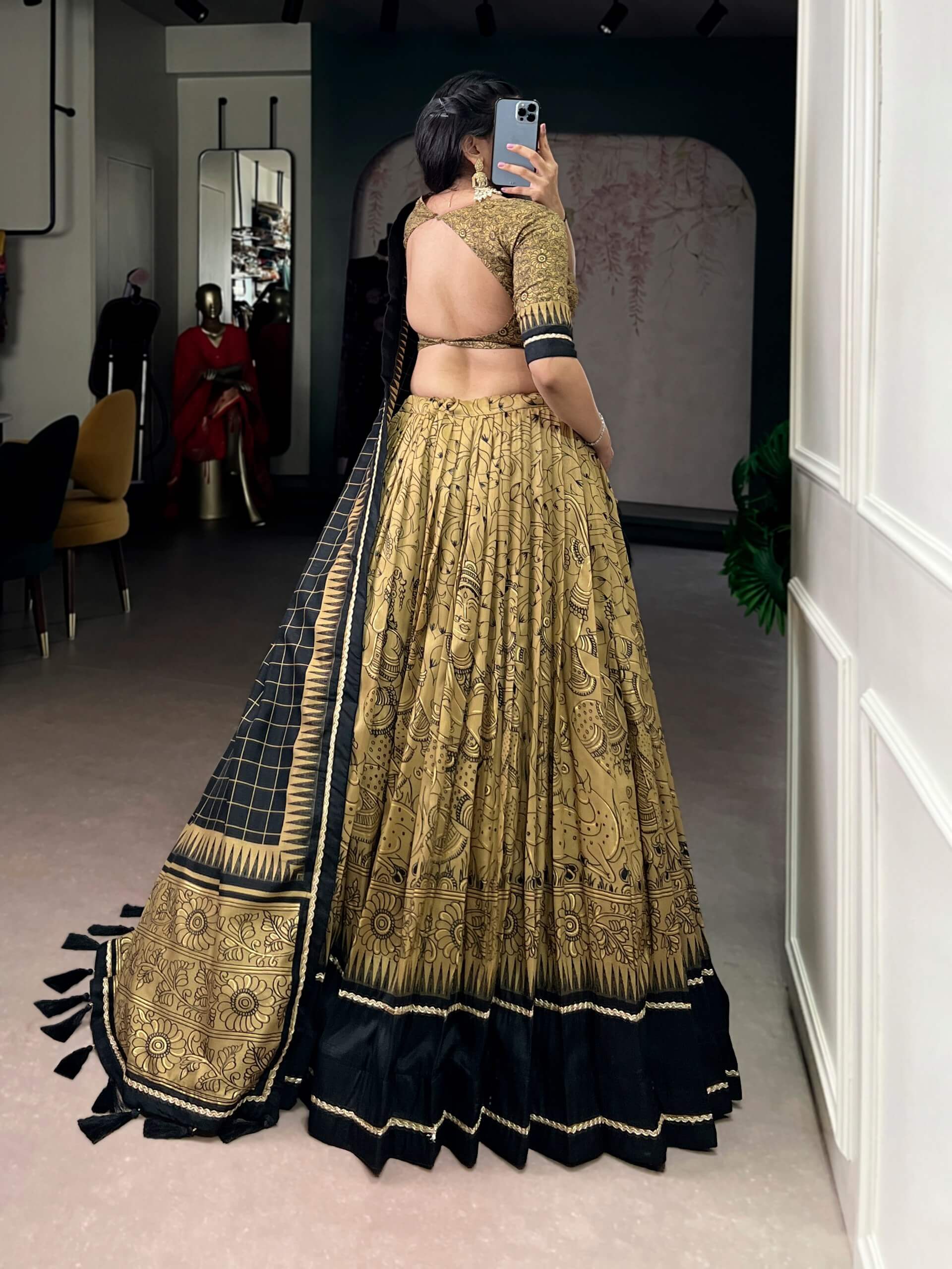 Grey Black Tussar Silk Kalamkari Lehenga Set for Wedding and Festive Wear