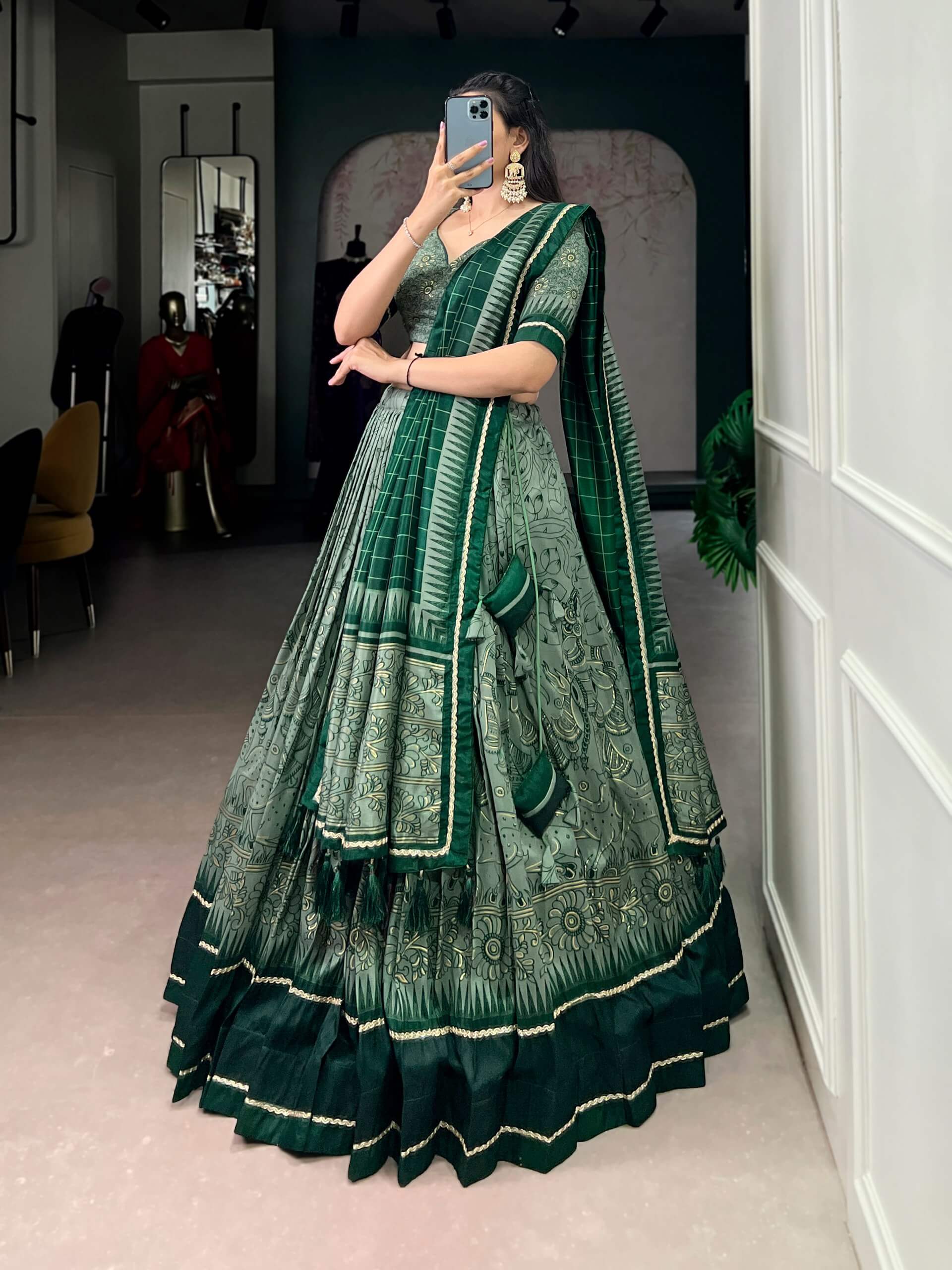 Grey Black Tussar Silk Kalamkari Lehenga Set for Wedding and Festive Wear
