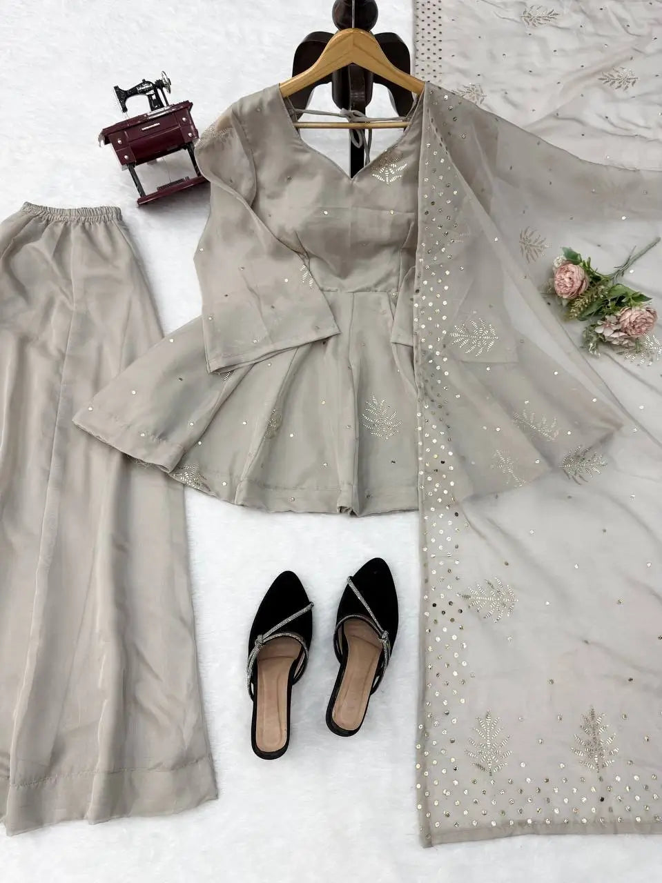 Grey Foil Peplum Sharara Set